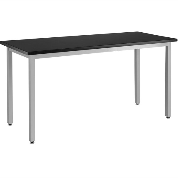 A gray steel National Public Seating science lab table with a white top.