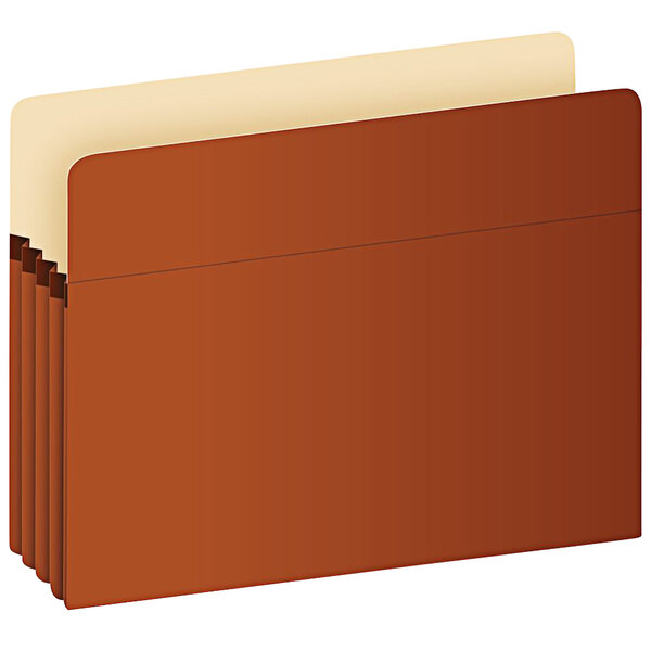 A brown Pendaflex legal size expanding file pocket with yellow paper inside.