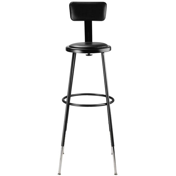 A black National Public Seating lab stool with a round padded seat.