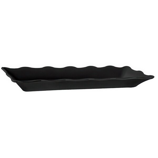 A black rectangular melamine display tray with wavy edges.