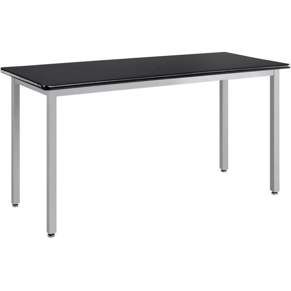 A gray National Public Seating science lab table with a white top and silver legs.