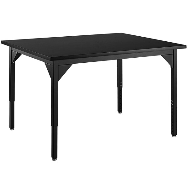 A black rectangular National Public Seating science lab table with black legs.