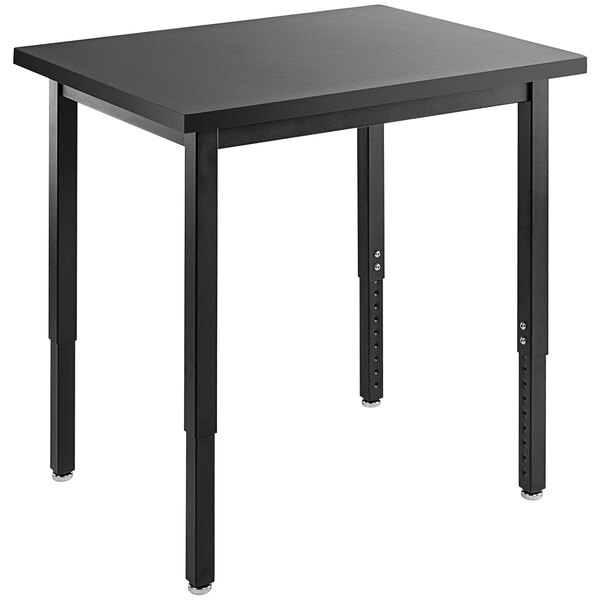 A black rectangular National Public Seating science lab table with metal legs.