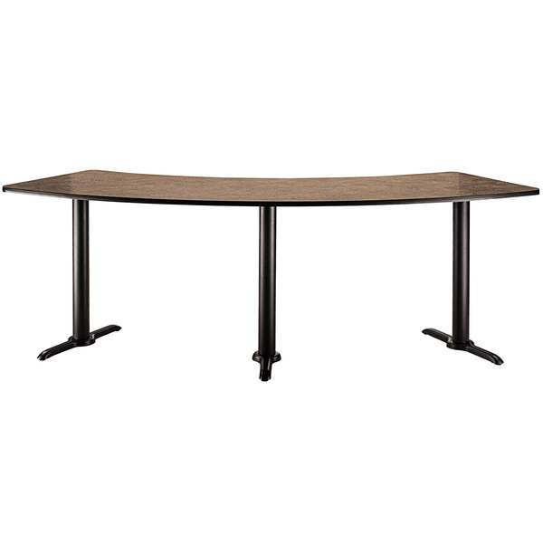 A National Public Seating cafe table with a curved black base and high pressure laminate top.