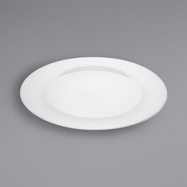 A Bauscher bright white porcelain plate with a wide circular rim.