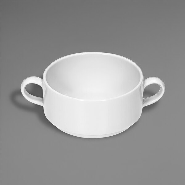 A Bauscher by BauscherHepp bright white porcelain bowl with two handles.