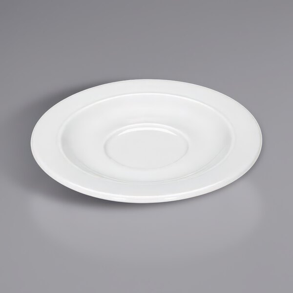 A Bauscher bright white porcelain saucer with a circular edge.