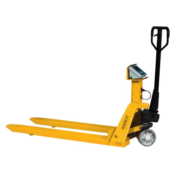 A yellow Wesco battery powered pallet truck with a black handle and digital display.