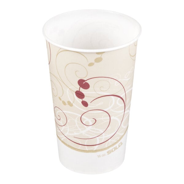 A wax treated paper cold cup with a beige and red swirl design, holding 16-18 oz.