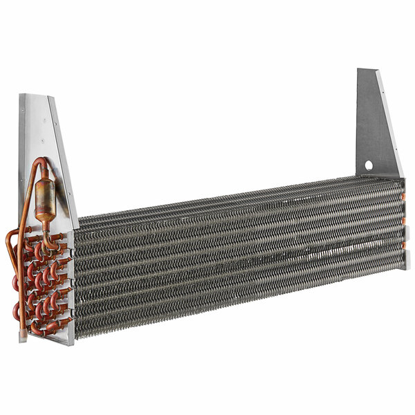 An Avantco evaporator coil with a metal heat exchanger and copper tubing.