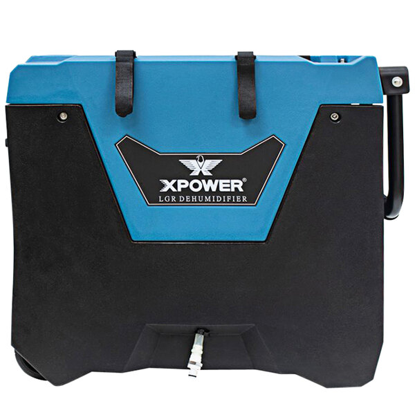 A blue and black XPOWER commercial dehumidifier with handle and wheels.