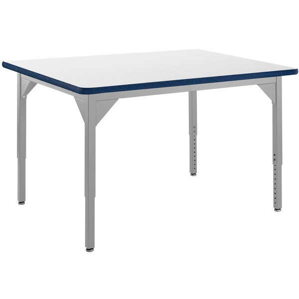 A white rectangular table with a blue edge and metal legs.