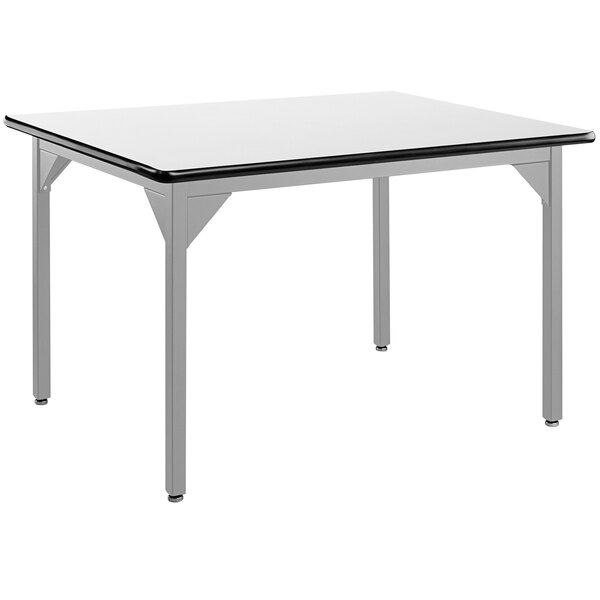 a white rectangular table with black edge