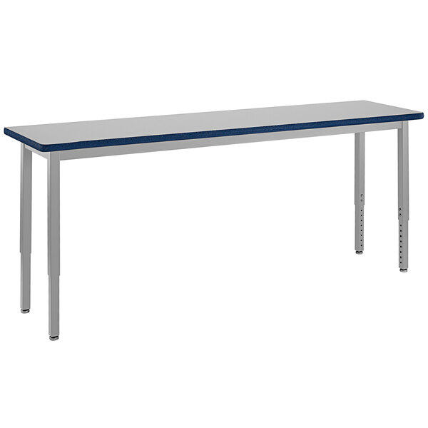 a rectangular white table with blue stripe