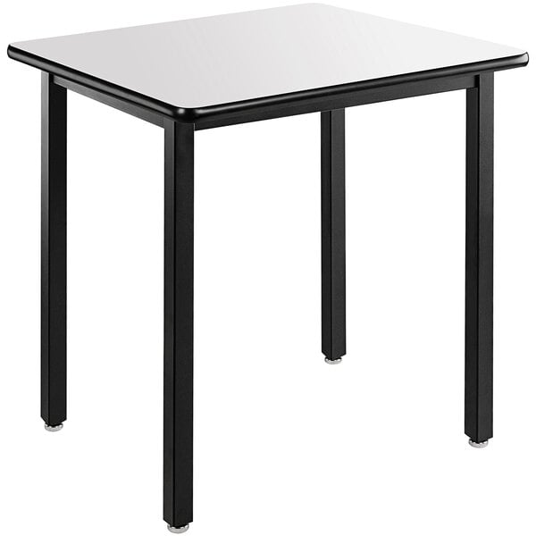 A white square National Public Seating utility table with black legs.