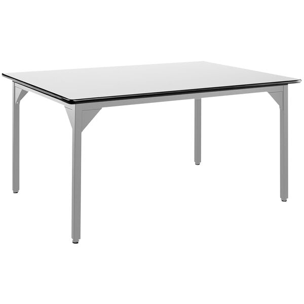 A white rectangular National Public Seating utility table with black edges and silver legs.