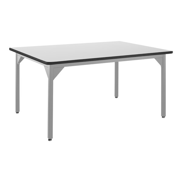 A white rectangular National Public Seating utility table with black legs.