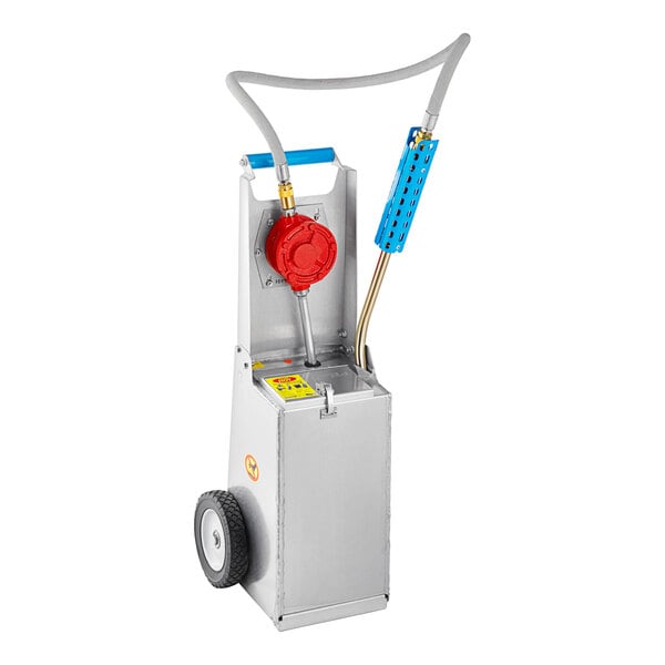 A Shortening Shuttle Mini Mobile Waste Oil Transport Container with a red and blue hose.