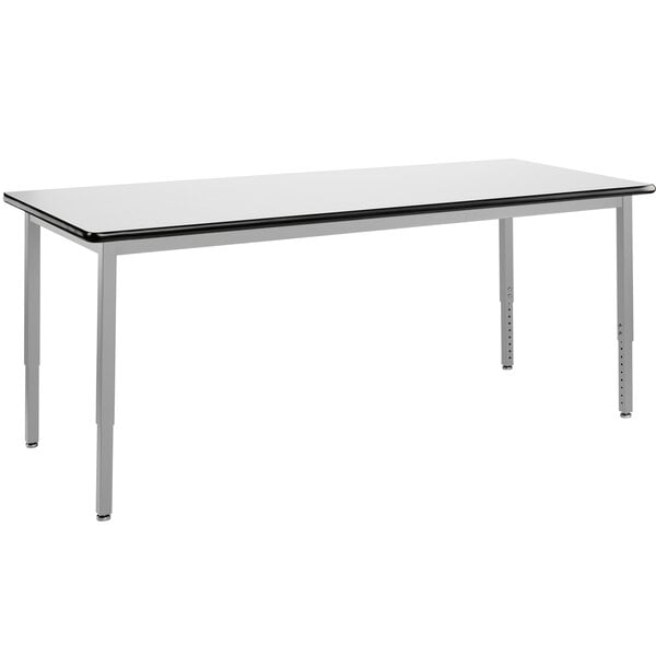 A white rectangular National Public Seating utility table with black trim.