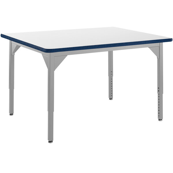 A white rectangular National Public Seating utility table with a blue edge.