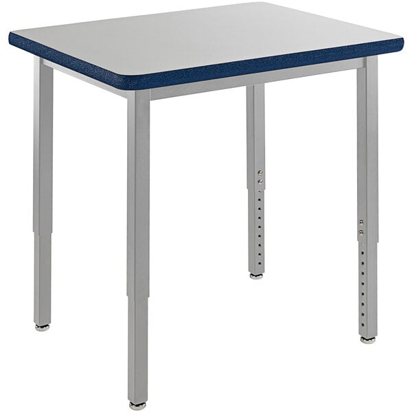 A National Public Seating utility table with a blue top and gray frame.