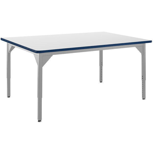 A white rectangular table with a blue edge and gray legs.