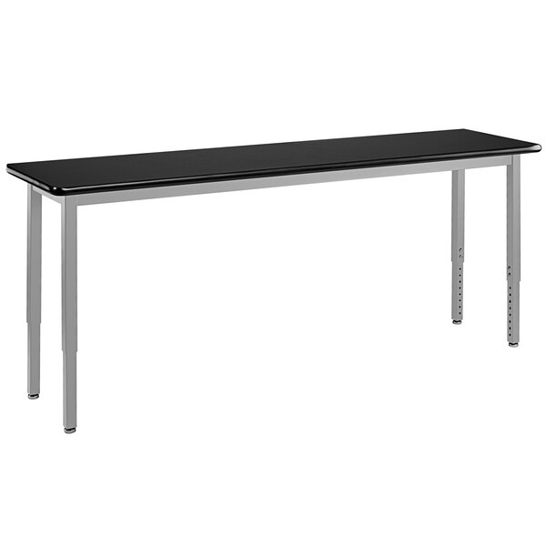 A black rectangular National Public Seating utility table with silver legs.