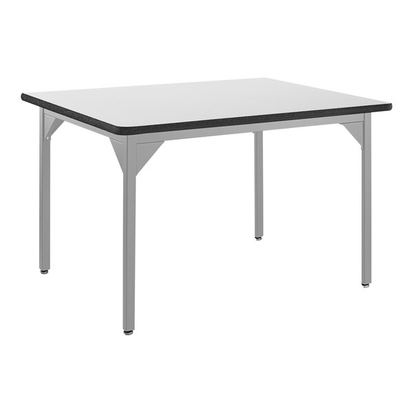A white rectangular National Public Seating utility table with black legs.