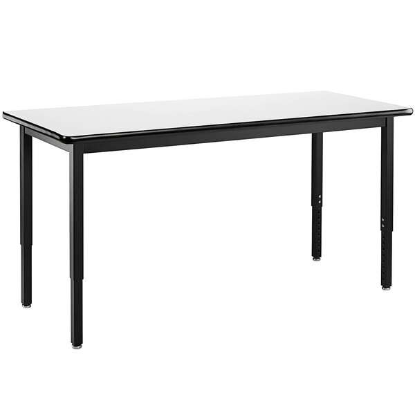 A black rectangular National Public Seating utility table with a white surface.