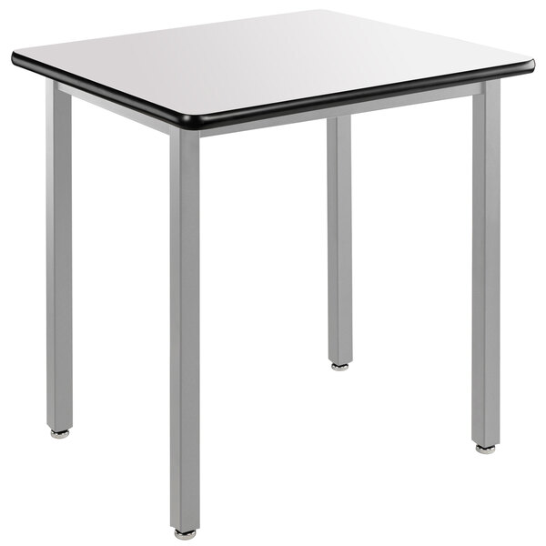 A white National Public Seating utility table with a gray metal frame.