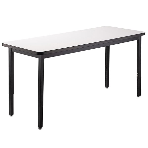 A white rectangular National Public Seating utility table with black adjustable legs.