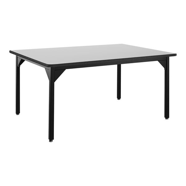 A black rectangular National Public Seating utility table with black legs and a gray top.
