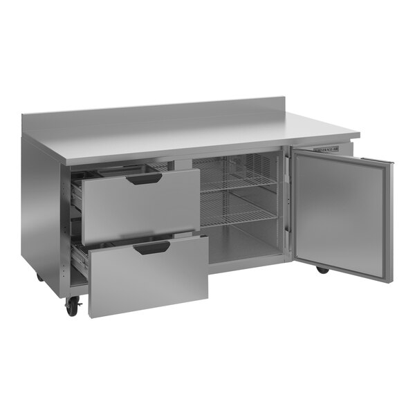 A stainless steel Beverage-Air worktop refrigerator with 2 drawers.