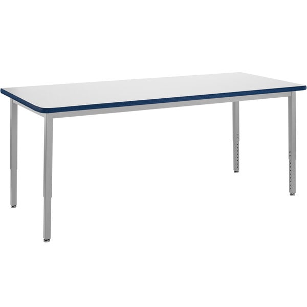 A white rectangular table with a blue edge.