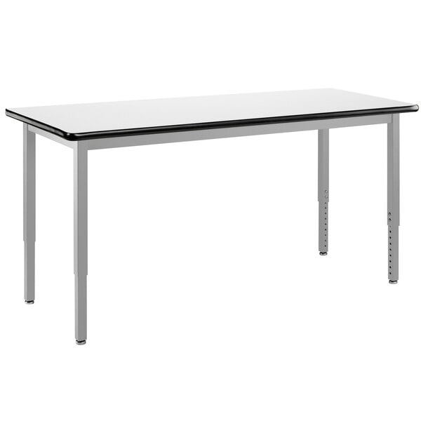 A white rectangular National Public Seating utility table with a black edge and legs.