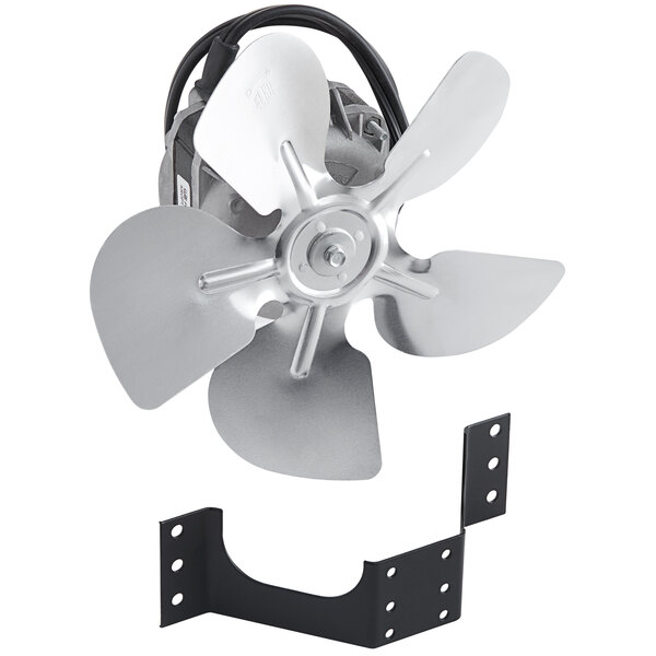 A metal fan with a metal bracket and a cable.