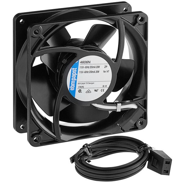 A black fan motor with a wire.