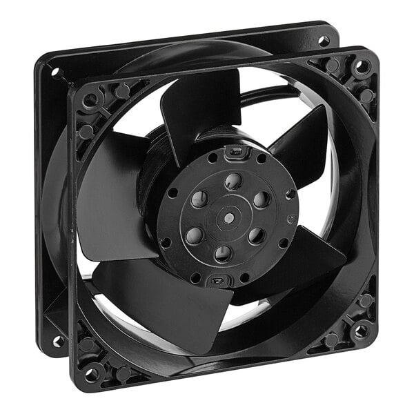 A black square cooling fan with five blades and a central hub, mounted in a square frame.