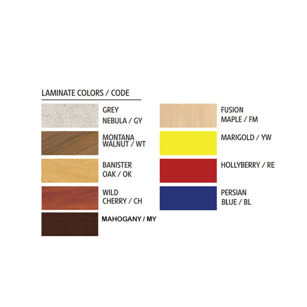 A National Public Seating utility table with a high-pressure laminate top in different wood grain colors.