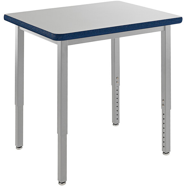 A National Public Seating utility table with a blue top and gray edge.