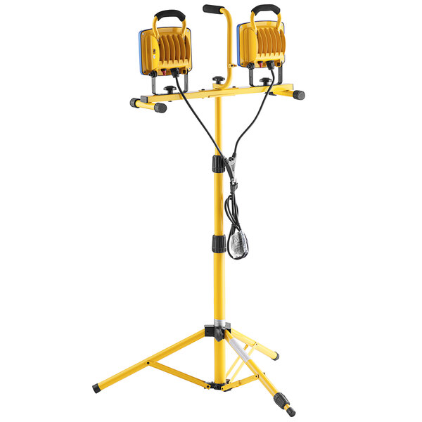 A yellow Voltec work light stand with two lights.