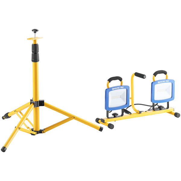 A yellow Voltec work light stand with blue lights.