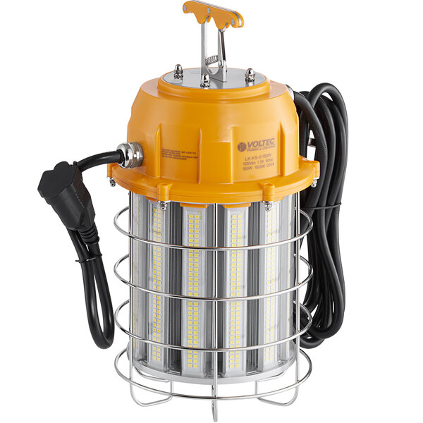 A yellow and silver Voltec LED temporary area light with wires.