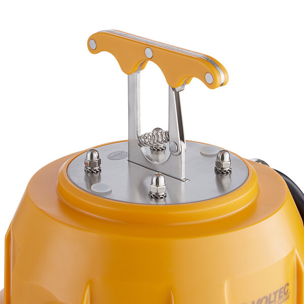 A yellow and silver Voltec LED temporary area light with a metal handle.