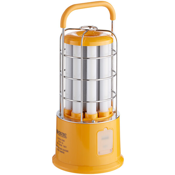 A yellow Voltec rechargeable portable LED work light with white tubes and a handle.