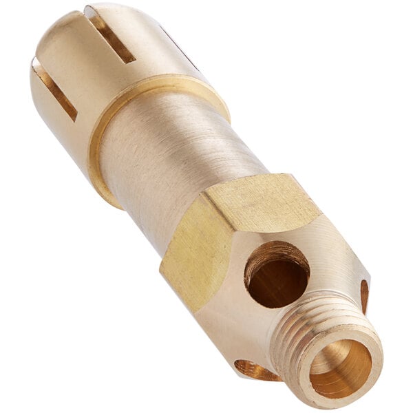 A gold brass natural gas burner with a threaded end.