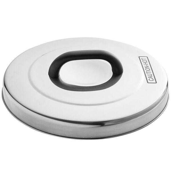 A stainless steel round lid with a black "U" shaped handle.