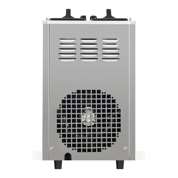 A stainless steel two-bowl slushy and granita frozen drink machine with a vented back and cooling fan.