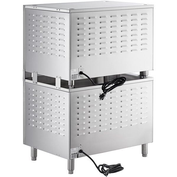 A white rectangular stainless steel box with a black cord.