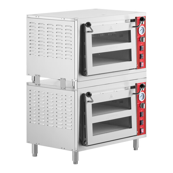 A quadruple deck countertop pizza and bakery oven with stainless steel construction and red control panels.